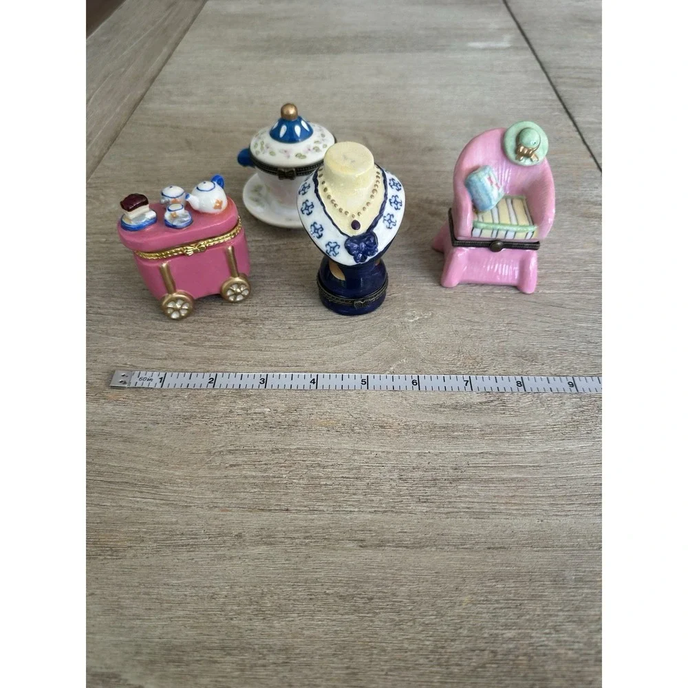 VTG Lot Of 4 Trinket Boxes - Unique Assortment Tea set, ladies chair and bust